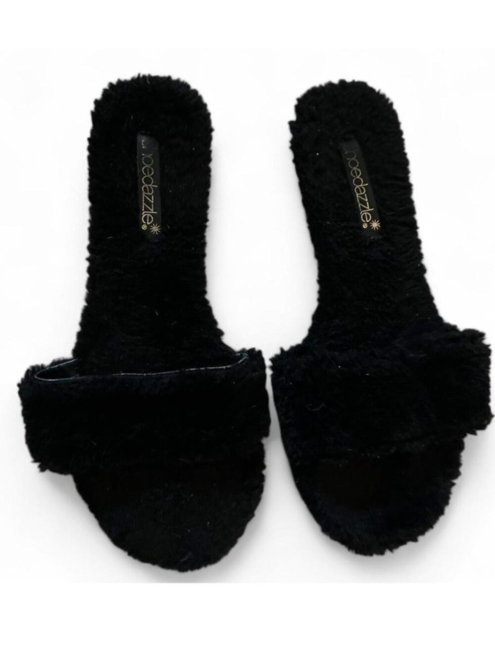 Shoe Dazzle brand black fluffy mule slippers